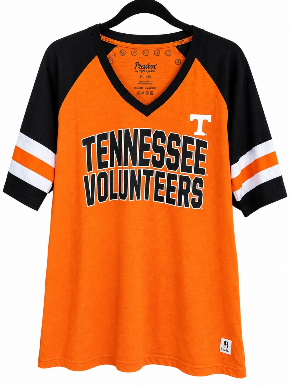 NWT Pressbox Tennessee Volunteers V-Neck Raglan Tee Orange Black 2XL Vols